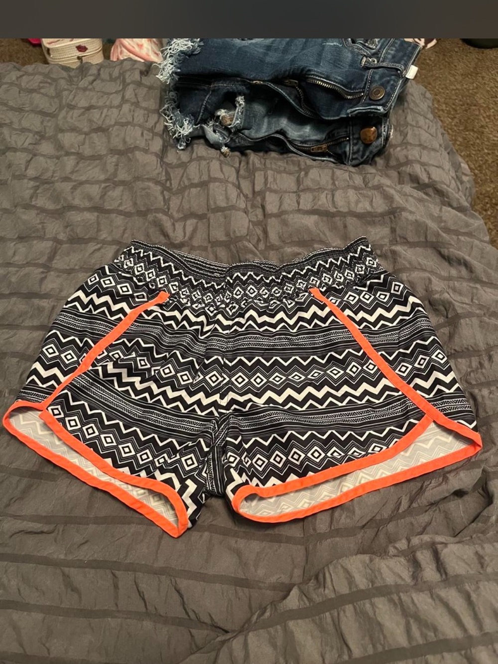 OP Black & White Geometric Athletic Shorts with Coral Trim